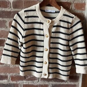 Zara Cream & Black Striped Knit Cardigan with Gold Buttons